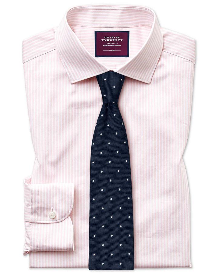  Slim Fit Luxury Stripe Pink Egyptian Cotton Dress Shirt Single Cuff Size 15/33 By Charles Tyrwhitt