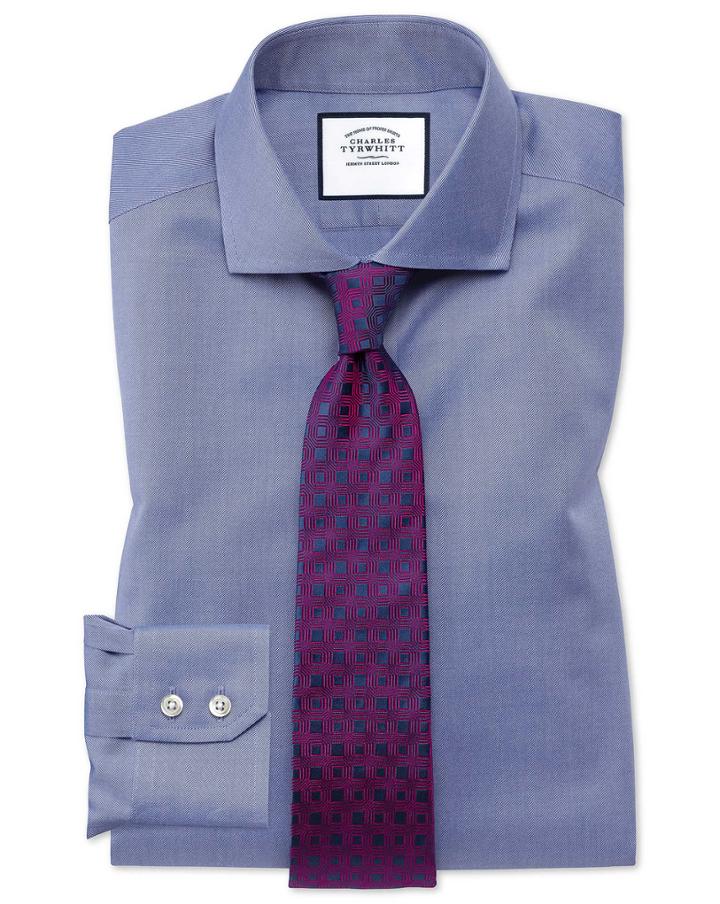 Charles Tyrwhitt Slim Fit Spread Collar Non-iron Twill Mid Blue Cotton Dress Shirt French Cuff Size 14.5/32 By Charles Tyrwhitt