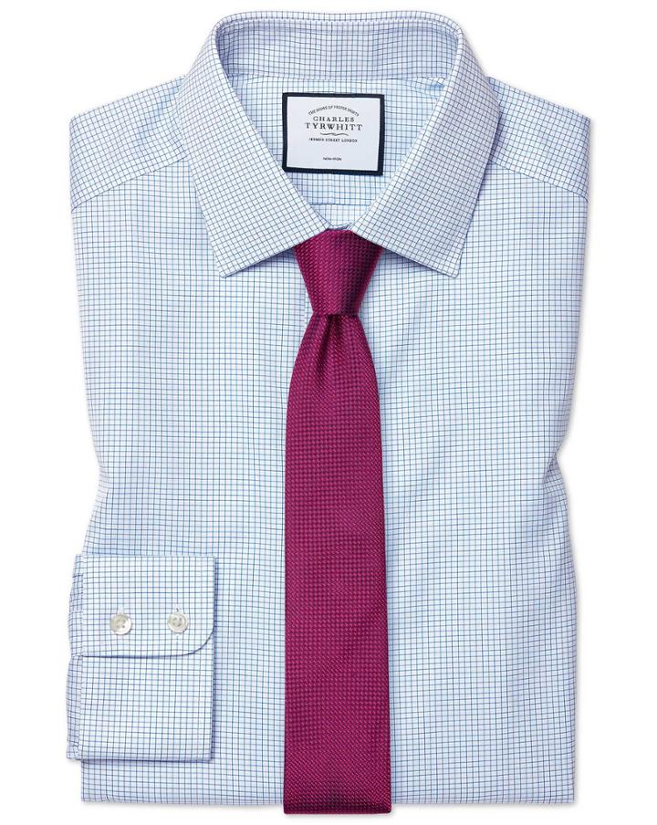  Extra Slim Fit Non-iron Sky Blue Mini Grid Check Twill Cotton Dress Shirt French Cuff Size 15/32 By Charles Tyrwhitt