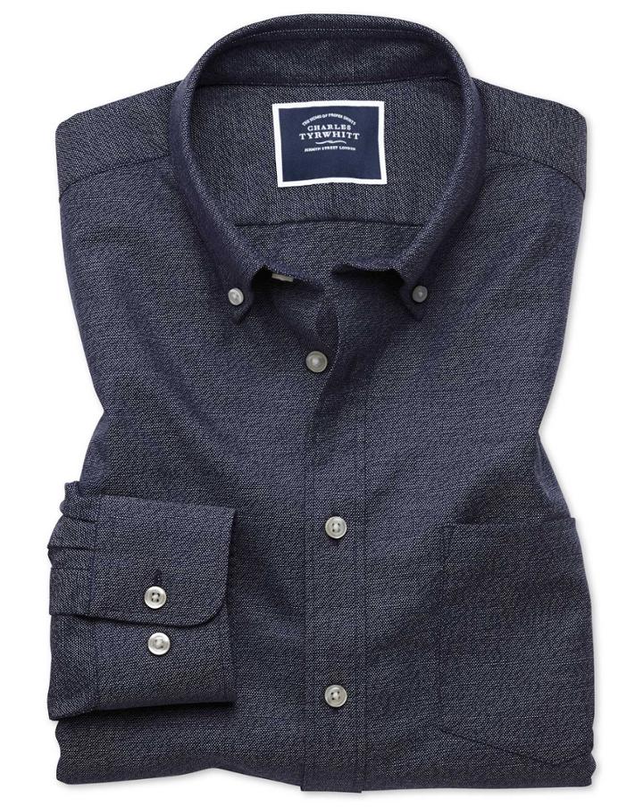  Slim Fit Dark Navy Plain Soft Washed Non-iron Twill Cotton Casual Shirt Single Cuff Size Large By Charles Tyrwhitt