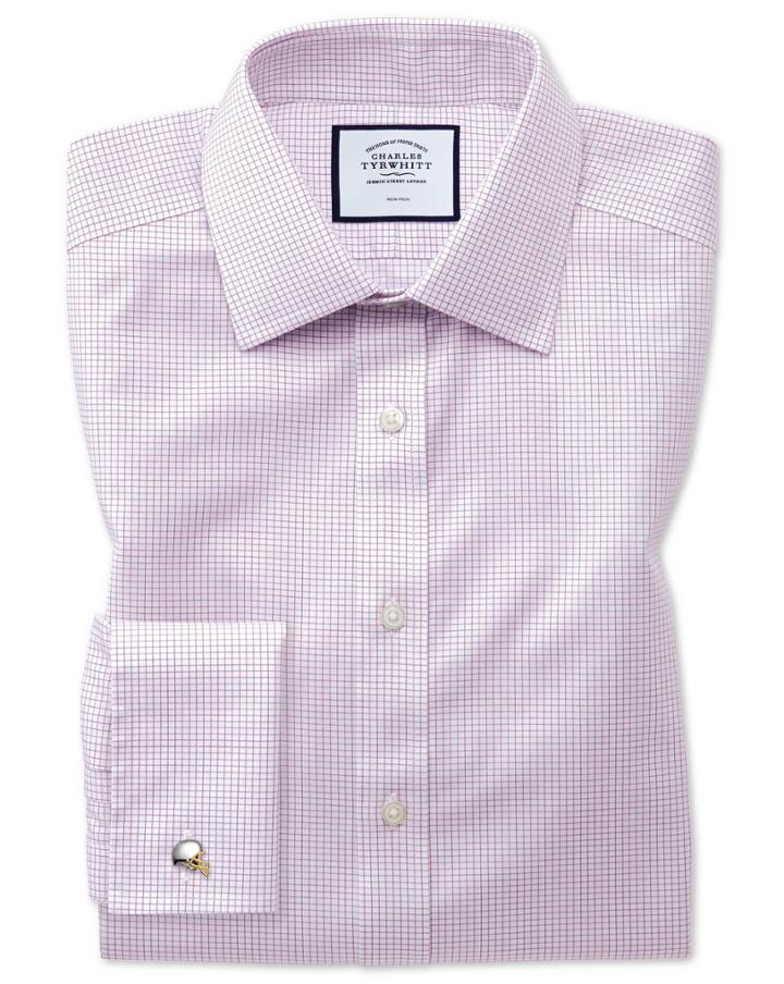  Classic Fit Non-iron Twill Mini Grid Check Purple Cotton Dress Shirt French Cuff Size 15.5/33 By Charles Tyrwhitt