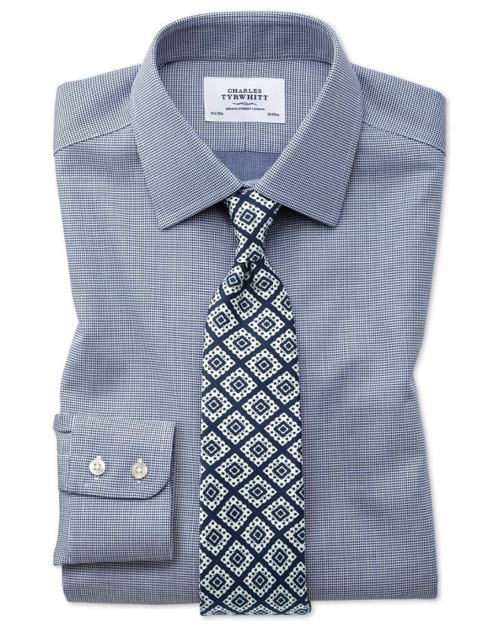 Charles Tyrwhitt Classic Fit Non-iron Square Weave Navy Blue Cotton Dress Casual Shirt French Cuff Size 15/33 By Charles Tyrwhitt