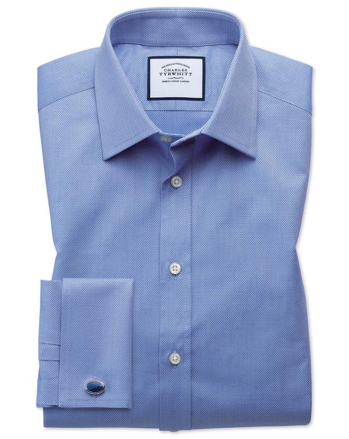 Charles Tyrwhitt Classic Fit Egyptian Cotton Trellis Weave Mid Blue Dress Shirt Single Cuff Size 15/33 By Charles Tyrwhitt