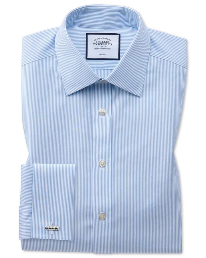  Slim Fit Non-iron Bengal Stripe Sky Blue Cotton Dress Shirt Single Cuff Size 14.5/32 By Charles Tyrwhitt