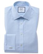  Slim Fit Non-iron Bengal Stripe Sky Blue Cotton Dress Shirt Single Cuff Size 14.5/32 By Charles Tyrwhitt