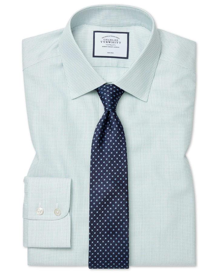  Slim Fit Non-iron Dash Weave Green Cotton Dress Shirt Single Cuff Size 14.5/32 By Charles Tyrwhitt