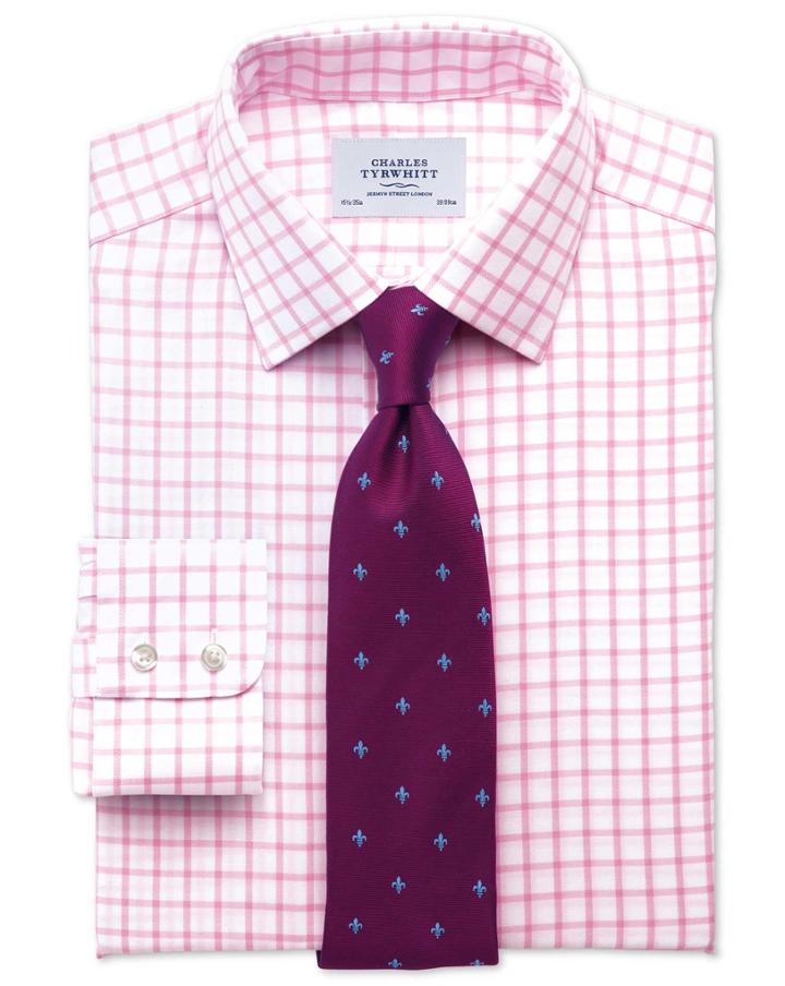 Slim Fit Non-iron Twill Grid Check Light Pink Cotton Dress Shirt Single Cuff Size 16/33 By Charles Tyrwhitt