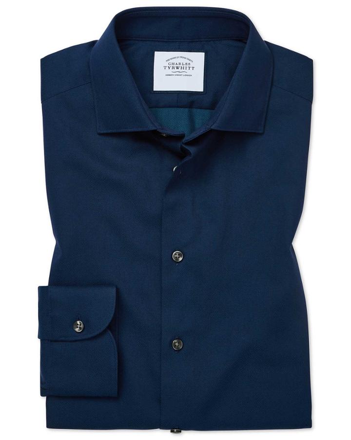  Extra Slim Fit Micro Diamond Blue Cotton Dress Shirt Single Cuff Size 14.5/32 By Charles Tyrwhitt