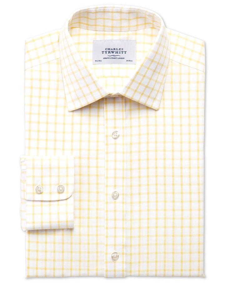  Slim Fit Non-iron Twill Grid Check Light Yellow Cotton Dress Shirt Single Cuff Size 15/34 By Charles Tyrwhitt