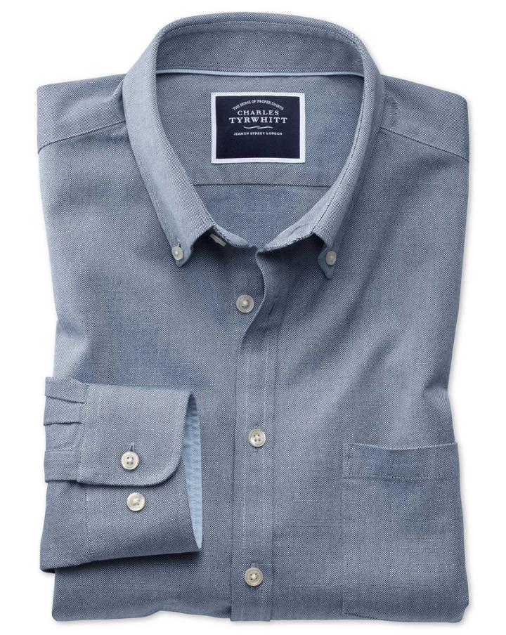  Slim Fit Button-down Washed Oxford Plain Denim Blue Cotton Casual Shirt Single Cuff Size Small By Charles Tyrwhitt