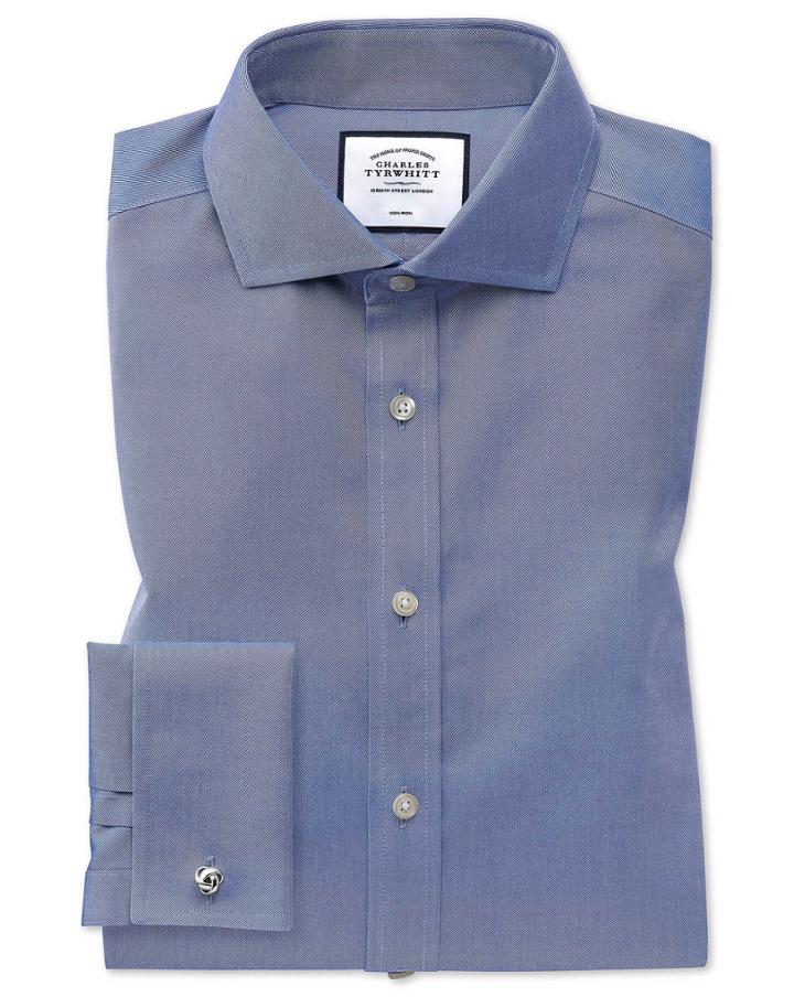  Slim Fit Spread Collar Non-iron Twill Mid Blue Cotton Dress Shirt French Cuff Size 14.5/32 By Charles Tyrwhitt
