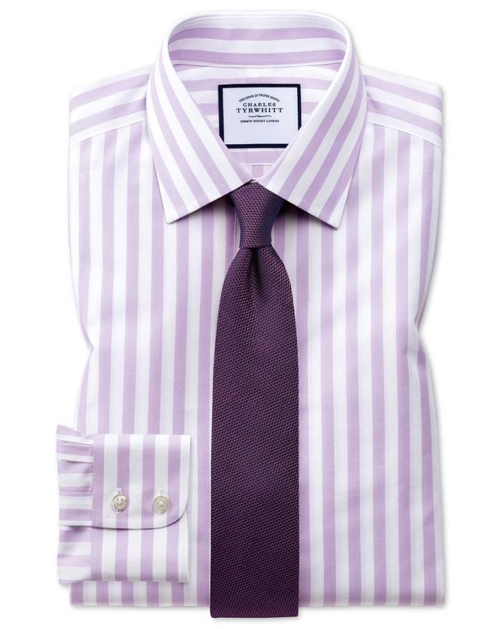  Classic Fit Non-iron Purple Wide Bengal Stripe Cotton Dress Shirt Single Cuff Size 15.5/33 By Charles Tyrwhitt