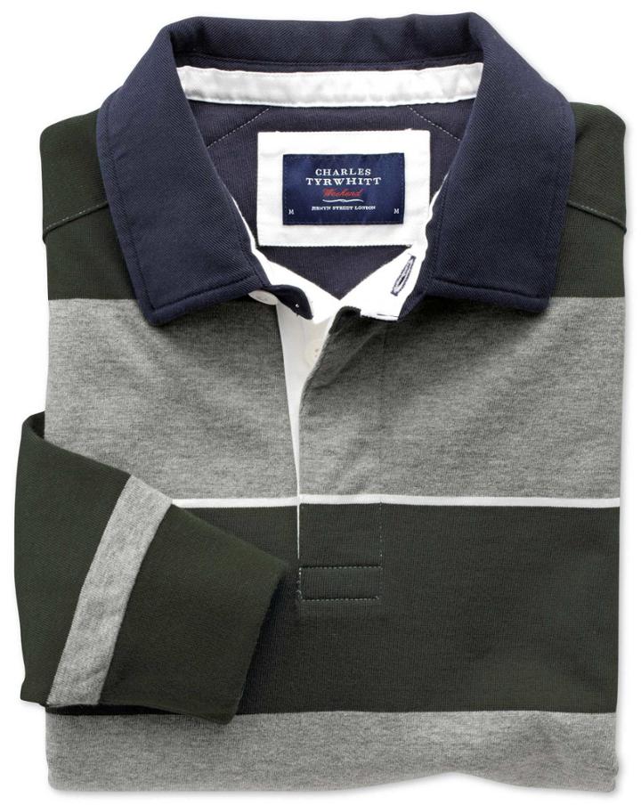 Charles Tyrwhitt Charles Tyrwhitt Charcoal, Olive And White Stripe Long Sleeve Rugby Cotton Shirt Size Large