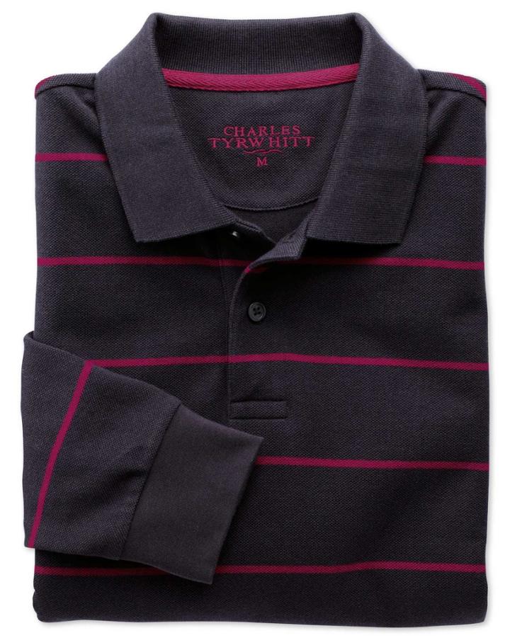 Charles Tyrwhitt Charles Tyrwhitt Navy And Berry Stripe Pique Long Sleeve Cotton Polo Size Large
