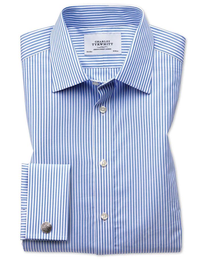 Charles Tyrwhitt Slim Fit Bengal Stripe Sky Blue Cotton Dress Shirt Single Cuff Size 14.5/32 By Charles Tyrwhitt