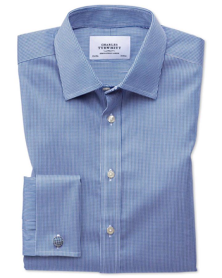 Charles Tyrwhitt Extra Slim Fit Non-iron Puppytooth Royal Blue Cotton Dress Shirt French Cuff Size 14.5/32 By Charles Tyrwhitt