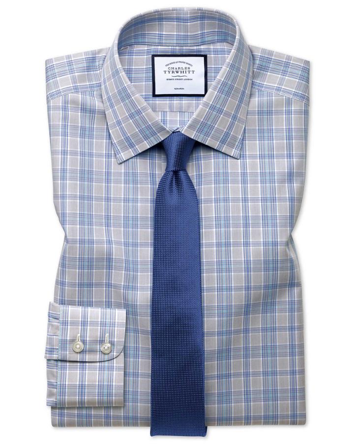 Extra Slim Fit Non-iron Prince Of Wales Grey And Aqua Cotton Dress Shirt French Cuff Size 14.5/33 By Charles Tyrwhitt