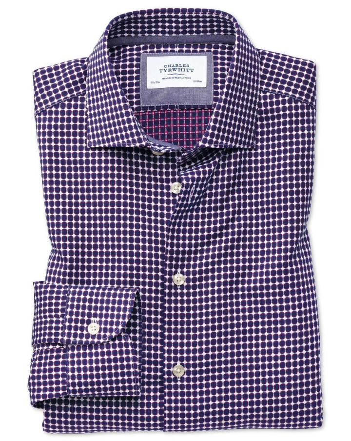 Charles Tyrwhitt Slim Fit Semi-spread Collar Business Casual Non-iron Modern Textures Blue And Pink Cotton Dress Shirt Single Cuff Size 17/34 By Charles Tyrwhitt