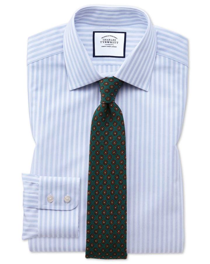  Slim Fit Sky Blue Dobby Textured Stripe Cotton Dress Shirt Single Cuff Size 14.5/33 By Charles Tyrwhitt