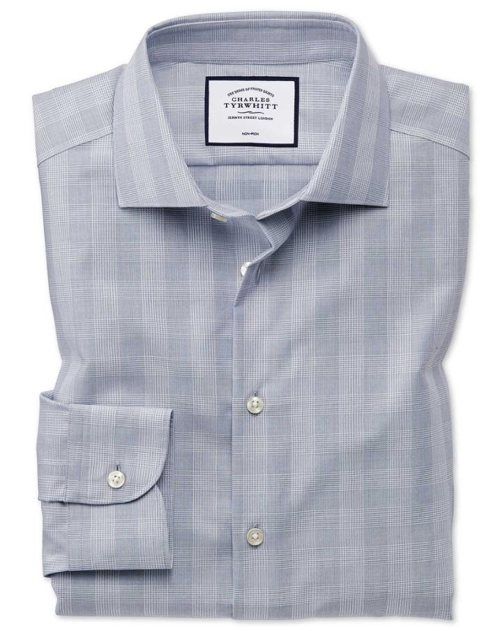  Classic Fit Business Casual Non-iron Grey Check Cotton Dress Shirt Single Cuff Size 16/34 By Charles Tyrwhitt