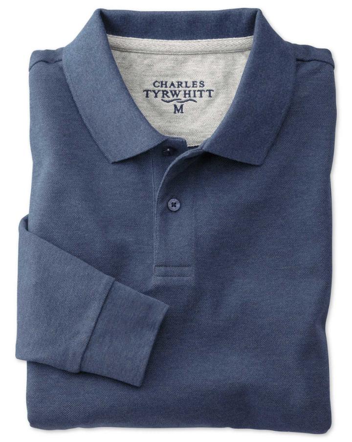 Charles Tyrwhitt Charles Tyrwhitt Indigo Pique Long Sleeve Cotton Polo Size Large