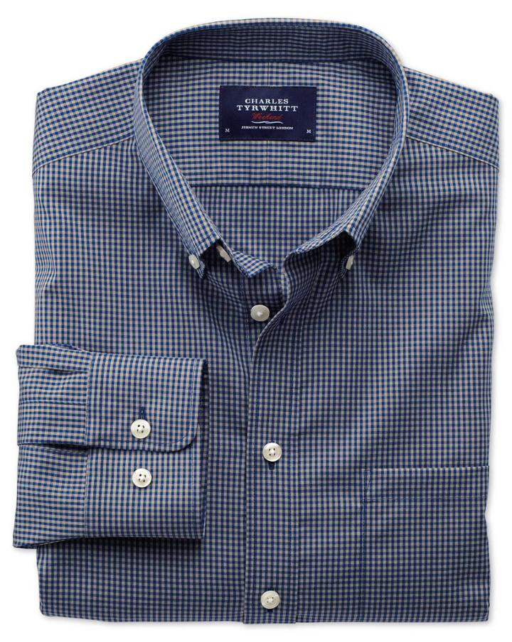 Charles Tyrwhitt Charles Tyrwhitt Classic Fit Non-iron Poplin Blue And Grey Check Cotton Dress Shirt Size Medium
