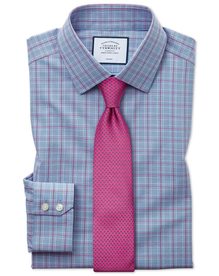  Classic Fit Non-iron Prince Of Wales Check Blue And Purple Cotton Dress Shirt French Cuff Size 15/33 By Charles Tyrwhitt