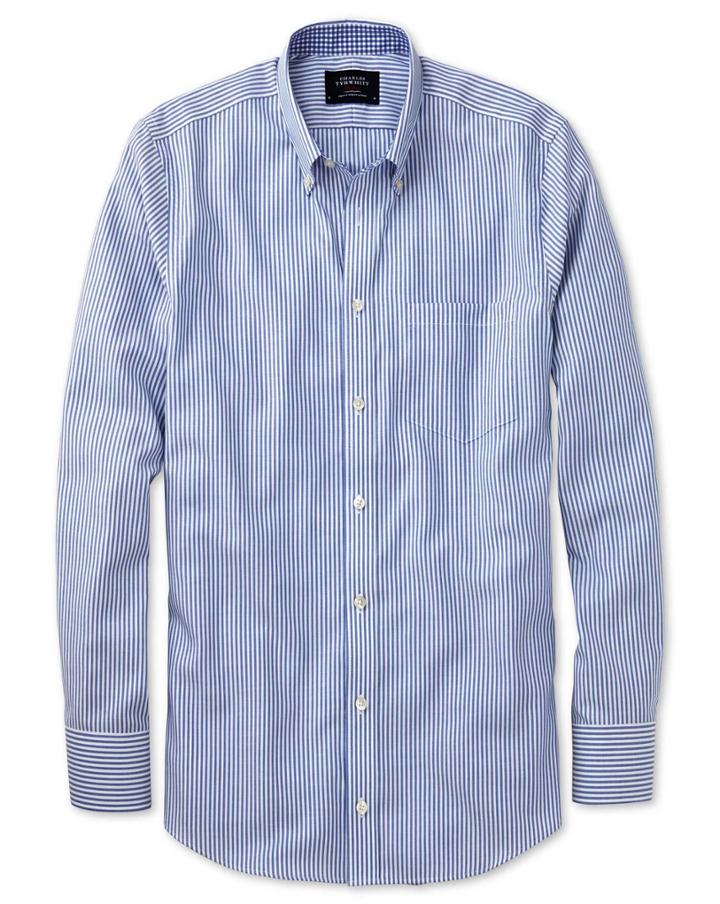 Charles Tyrwhitt Charles Tyrwhitt Classic Fit Non-iron Oxford Royal Blue Bengal Stripe Cotton Dress Shirt Size Large