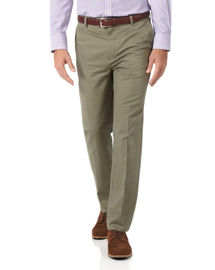  Olive Slim Fit Flat Front Non-iron Cotton Chino Pants Size W38 L32 By Charles Tyrwhitt