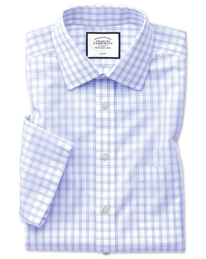  Classic Fit Non-iron Sky Blue Check Natural Cool Short Sleeve Cotton Dress Shirt Size 16.5/short By Charles Tyrwhitt
