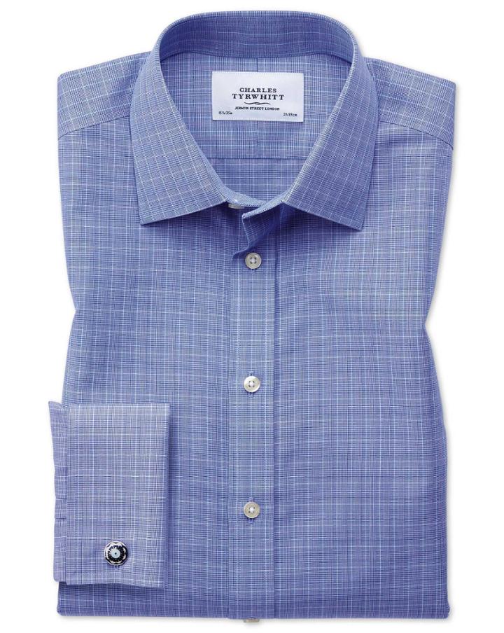 Charles Tyrwhitt Classic Fit Non-iron Prince Of Wales Blue Cotton Dress Shirt French Cuff Size 15.5/34 By Charles Tyrwhitt