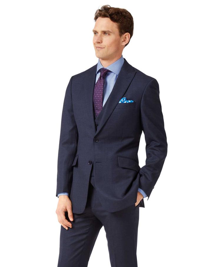  Navy Slim Fit Jaspe Business Suit Wool Jacket Size 38 By Charles Tyrwhitt