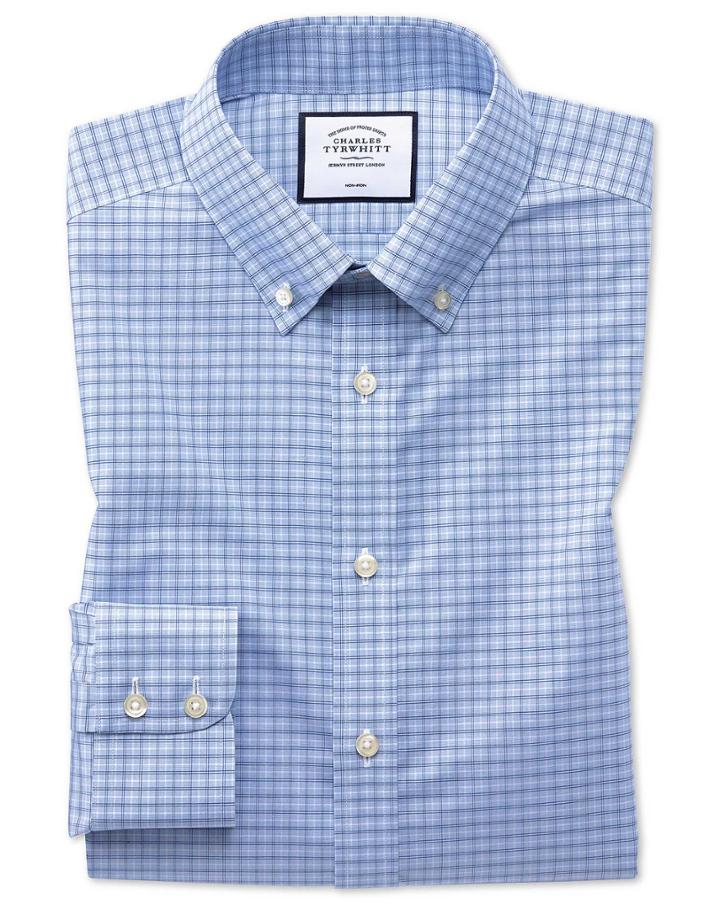 Classic Fit Non-iron Button-down Sky Blue Check Cotton Dress Shirt Single Cuff Size 15/33 By Charles Tyrwhitt