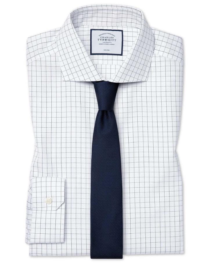  Super Slim Fit Cutaway Collar Non-iron Cotton Stretch Oxford Blue And White Check Dress Shirt Single Cuff Size 14.5/32 By Charles Tyrwhitt