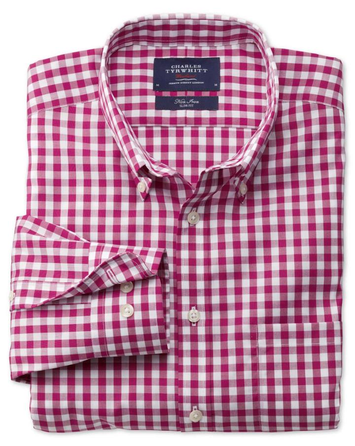 Charles Tyrwhitt Charles Tyrwhitt Slim Fit Non-iron Poplin Red Check Cotton Dress Shirt Size Large