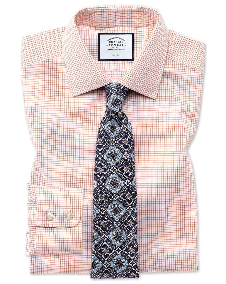  Classic Fit Non-iron Twill Mini Grid Check Orange Cotton Dress Shirt French Cuff Size 15.5/34 By Charles Tyrwhitt
