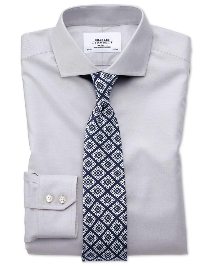  Slim Fit Spread Collar Non-iron Twill Grey Cotton Dress Shirt French Cuff Size 15.5/35 By Charles Tyrwhitt