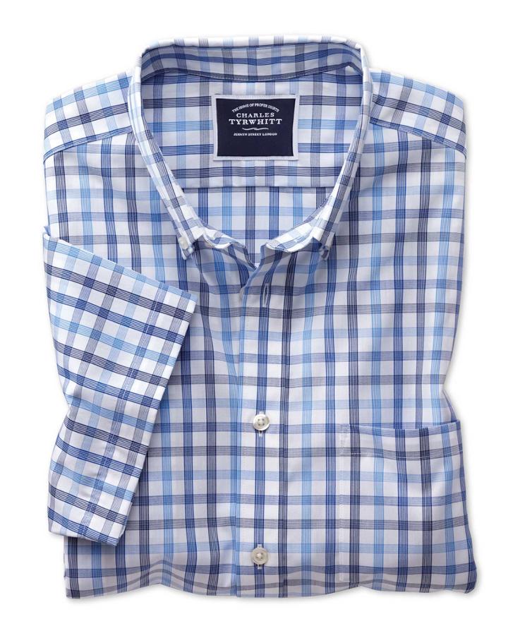  Slim Fit Non-iron Blue Large Check Short Sleeve Cotton Casual Shirt Single Cuff Size Small By Charles Tyrwhitt