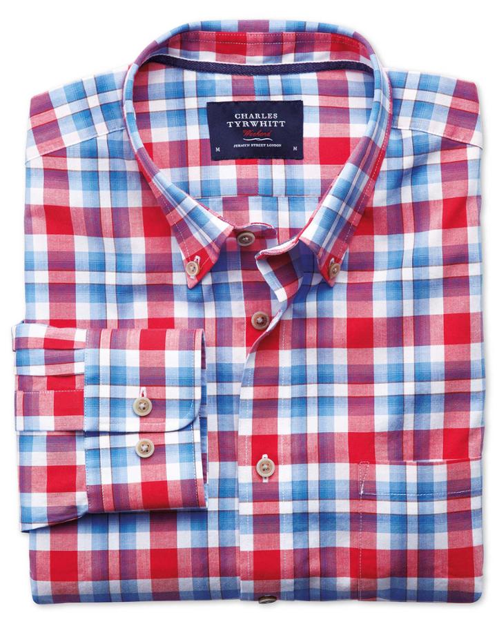  Classic Fit Button-down Poplin Sky Blue And Red Check Cotton Casual Shirt Single Cuff Size Large By Charles Tyrwhitt