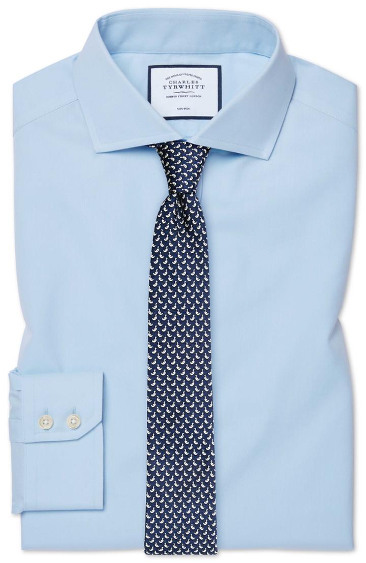  Extra Slim Fit Sky Blue Non-iron Poplin Cutaway Collar Cotton Dress Shirt Single Cuff Size 14.5/32 By Charles Tyrwhitt