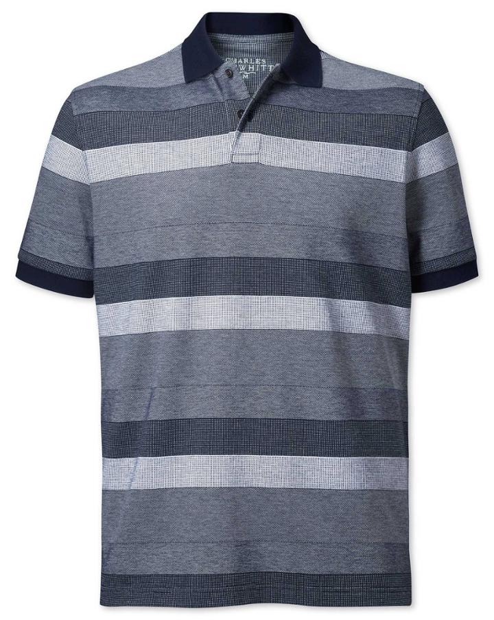  Navy And White Textured Stripe Cotton Polo Size Large By Charles Tyrwhitt