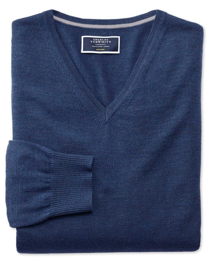 Charles Tyrwhitt Mid Blue Merino Wool V-neck Sweater Size Large By Charles Tyrwhitt