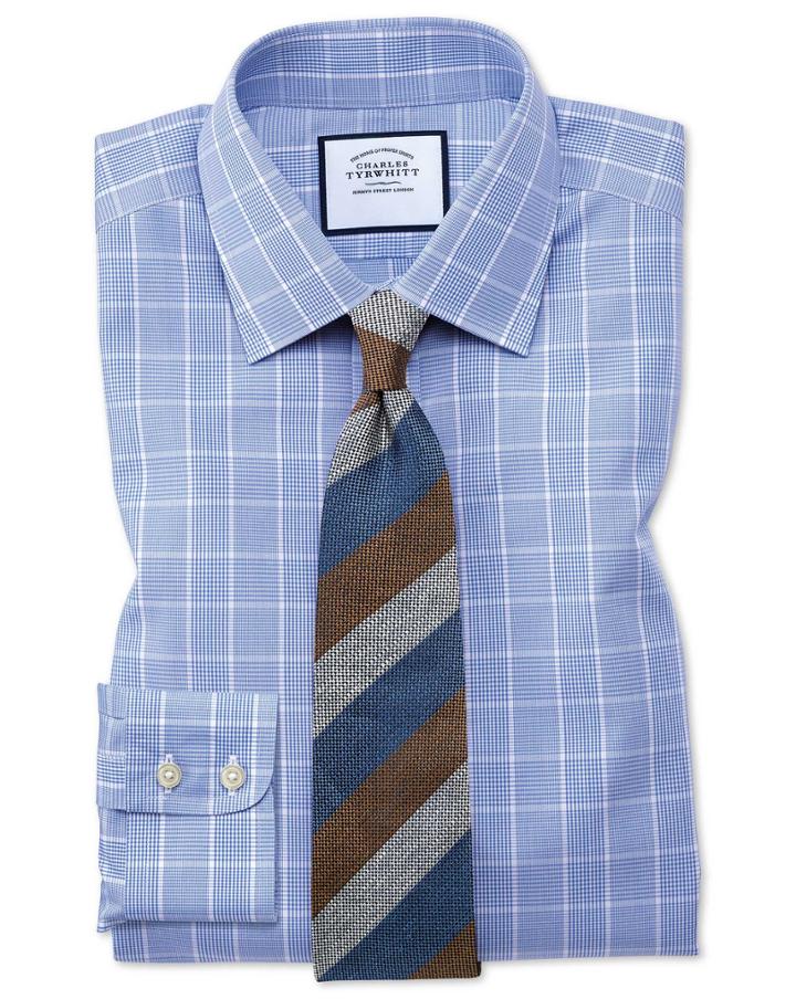  Classic Fit Non-iron Prince Of Wales Mid Blue Cotton Dress Shirt Single Cuff Size 16.5/33 By Charles Tyrwhitt
