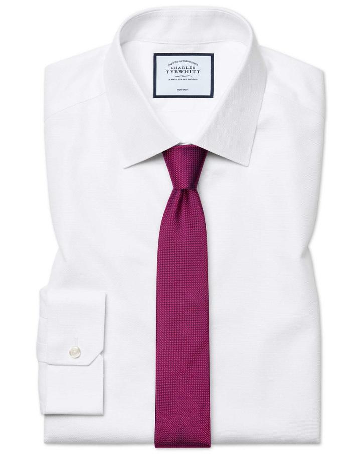  Super Slim Fit Non-iron Dash Weave White Cotton Dress Shirt French Cuff Size 14/33 By Charles Tyrwhitt