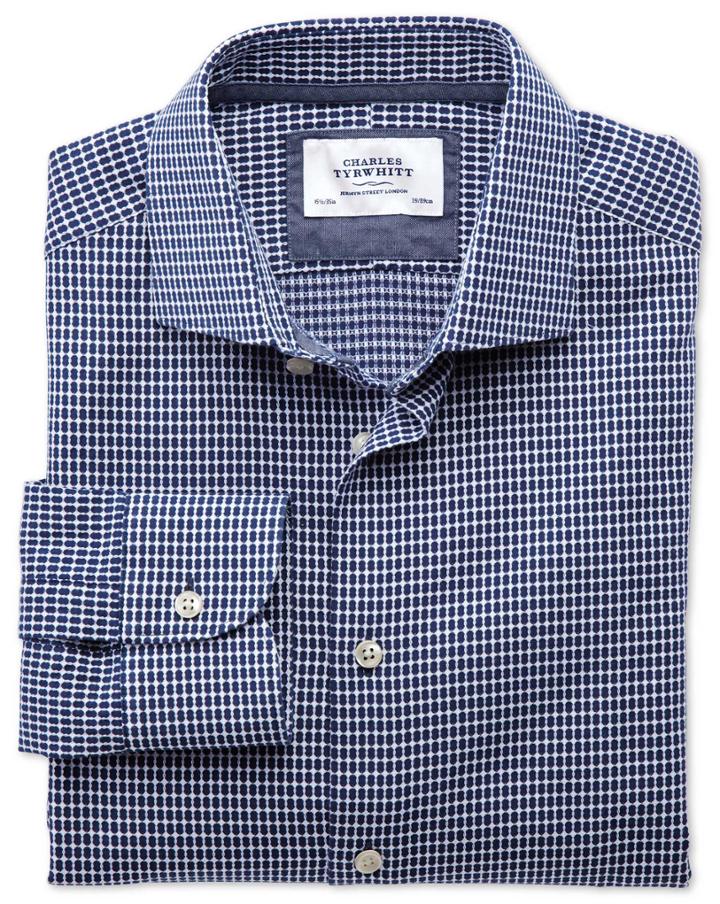 Charles Tyrwhitt Slim Fit Semi-spread Collar Business Casual Oval Dobby Navy Blue And White Cotton Dress Shirt Single Cuff Size 15.5/35 By Charles Tyrwhitt