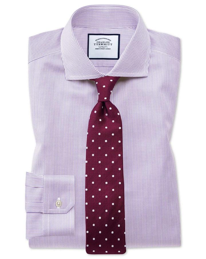 Super Slim Fit Non-iron Lilac Puppytooth Cotton Dress Shirt French Cuff Size 14/33 By Charles Tyrwhitt