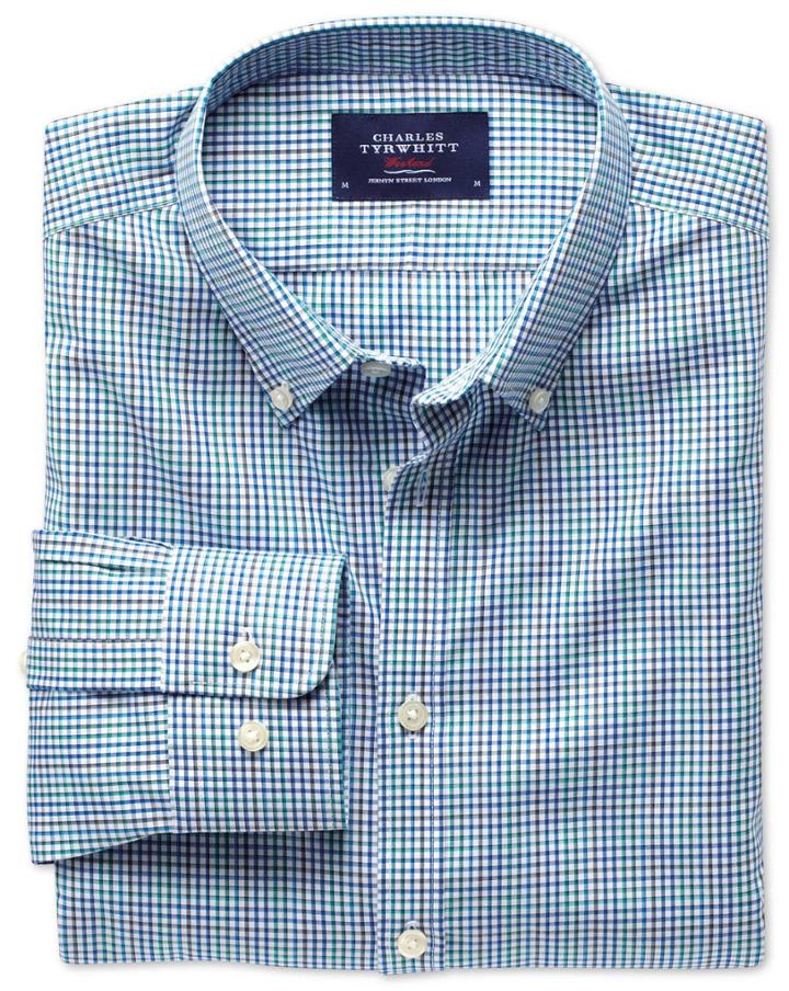 Charles Tyrwhitt Charles Tyrwhitt Extra Slim Fit Non-iron Poplin Blue Multi Check Cotton Dress Shirt Size Medium