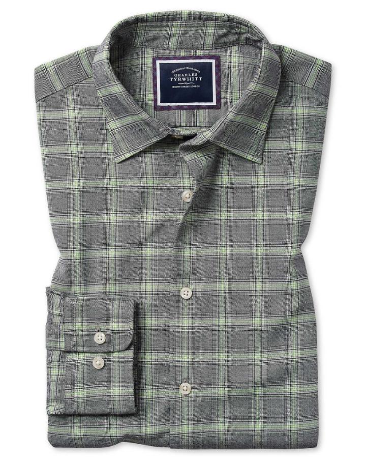  Classic Fit Grey Prince Of Wales Check Cotton With Tencel&trade; Single Cuff Size Large By Charles Tyrwhitt