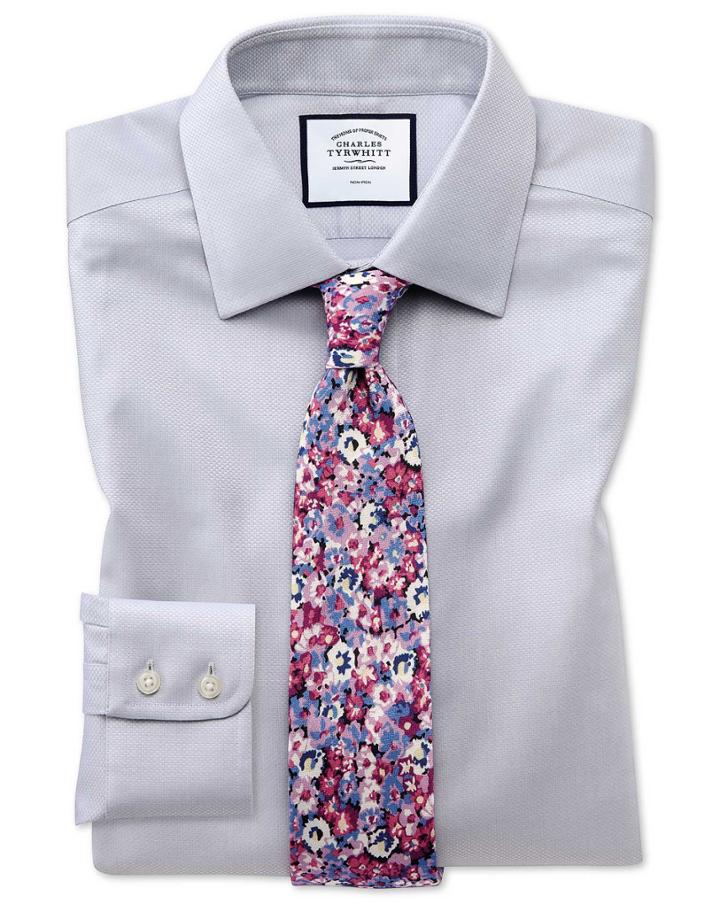  Slim Fit Non-iron Grey Triangle Weave Cotton Dress Shirt French Cuff Size 14.5/33 By Charles Tyrwhitt