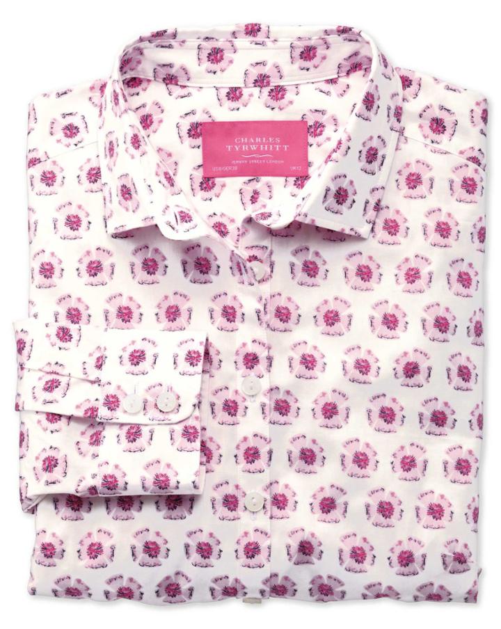 Charles Tyrwhitt Charles Tyrwhitt Women's Semi-fitted Pink And White Abstract Floral Print Cotton Shirt Size 6
